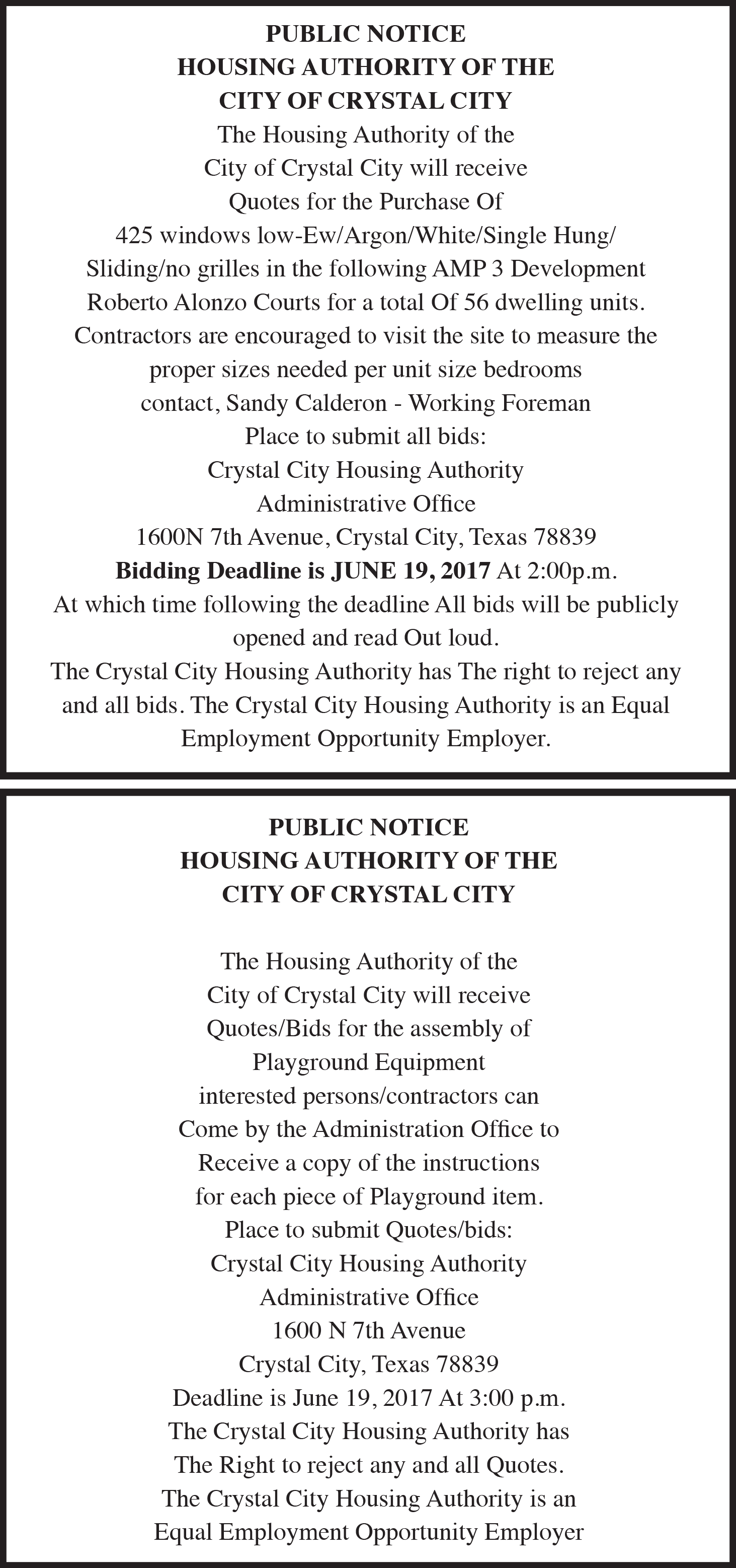 Public Notice Housing Authority of the City of Crystal City Seeks Bids
