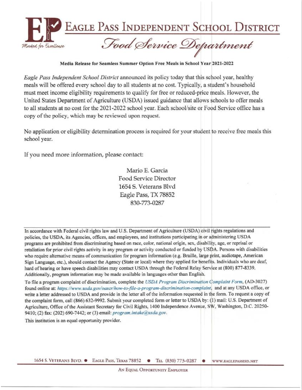 Eagle Pass Independent School District Food Service Press Release